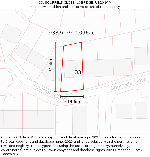 33, SQUIRRELS CLOSE, UXBRIDGE, UB10 9NY: Plot and title map