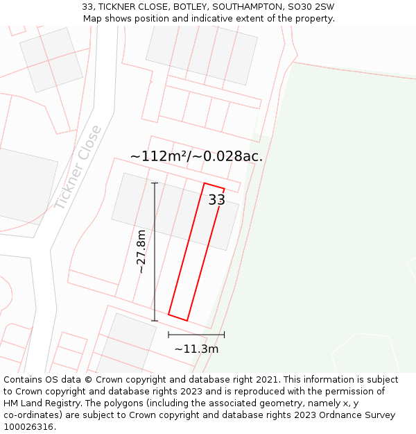 33, TICKNER CLOSE, BOTLEY, SOUTHAMPTON, SO30 2SW: Plot and title map