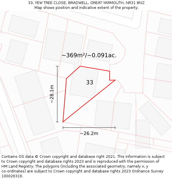 33, YEW TREE CLOSE, BRADWELL, GREAT YARMOUTH, NR31 8NZ: Plot and title map