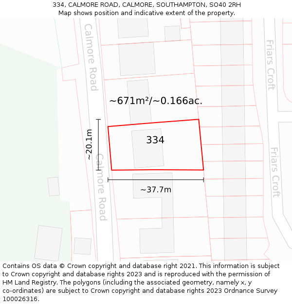334, CALMORE ROAD, CALMORE, SOUTHAMPTON, SO40 2RH: Plot and title map