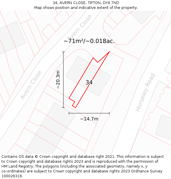 34, AVERN CLOSE, TIPTON, DY4 7ND: Plot and title map