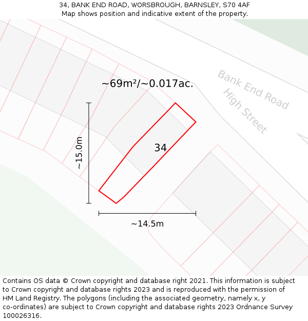 34, BANK END ROAD, WORSBROUGH, BARNSLEY, S70 4AF: Plot and title map