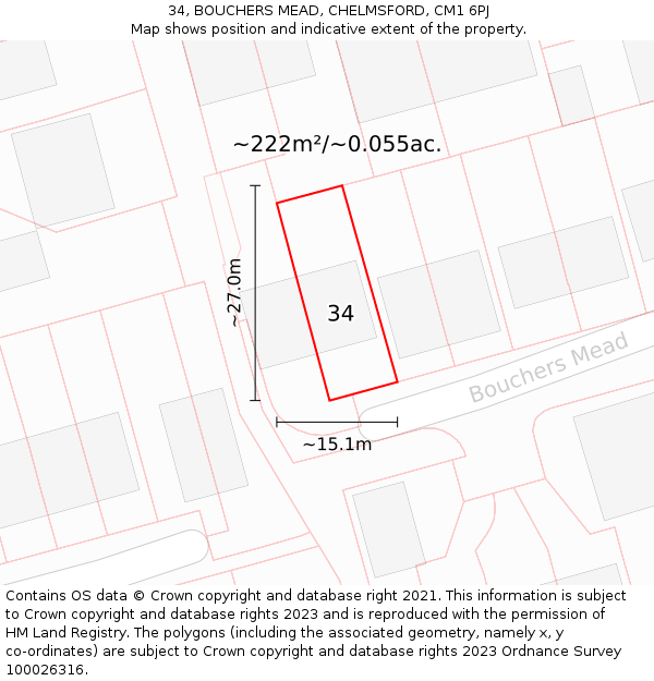 34, BOUCHERS MEAD, CHELMSFORD, CM1 6PJ: Plot and title map