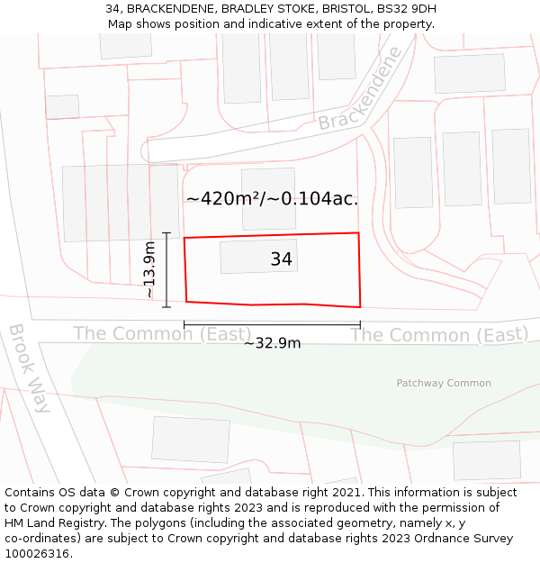 34, BRACKENDENE, BRADLEY STOKE, BRISTOL, BS32 9DH: Plot and title map