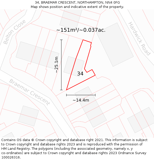 34, BRAEMAR CRESCENT, NORTHAMPTON, NN4 0FG: Plot and title map