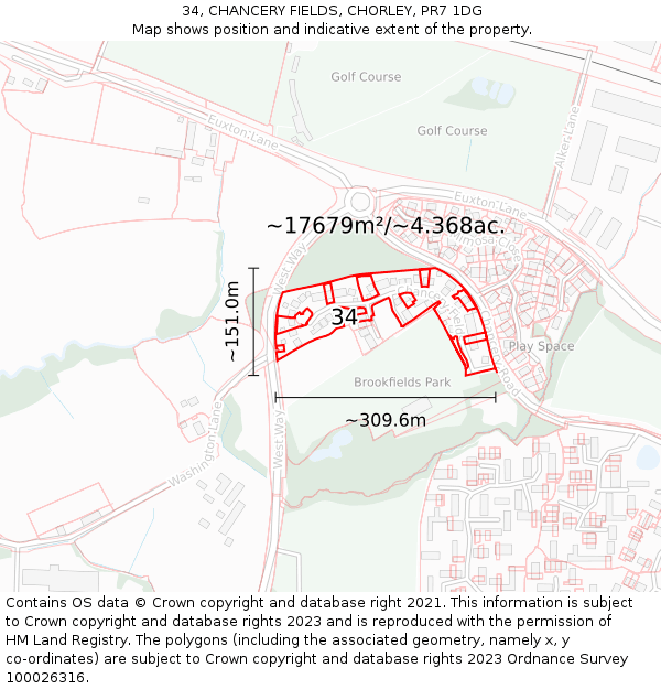 34, CHANCERY FIELDS, CHORLEY, PR7 1DG: Plot and title map