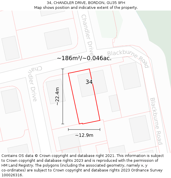 34, CHANDLER DRIVE, BORDON, GU35 9FH: Plot and title map