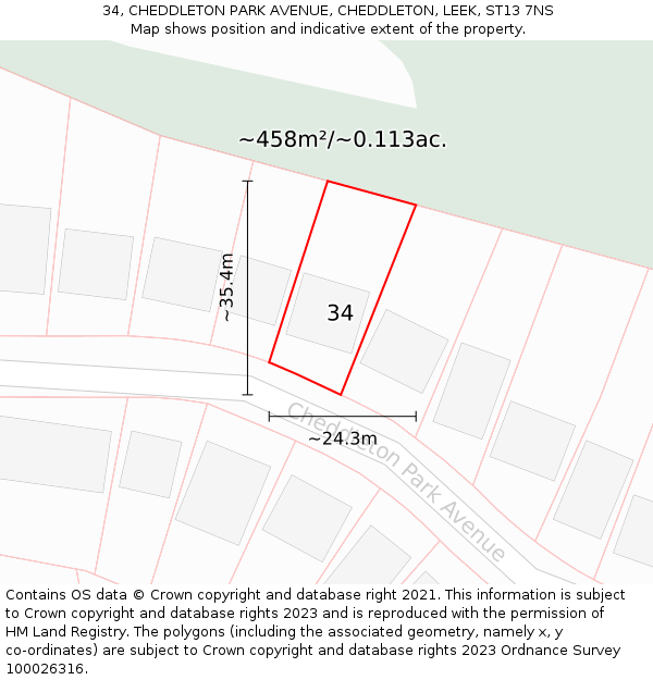 34, CHEDDLETON PARK AVENUE, CHEDDLETON, LEEK, ST13 7NS: Plot and title map
