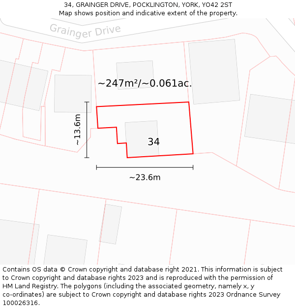 34, GRAINGER DRIVE, POCKLINGTON, YORK, YO42 2ST: Plot and title map