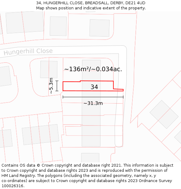 34, HUNGERHILL CLOSE, BREADSALL, DERBY, DE21 4UD: Plot and title map