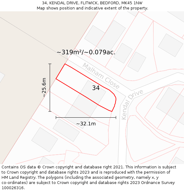 34, KENDAL DRIVE, FLITWICK, BEDFORD, MK45 1NW: Plot and title map