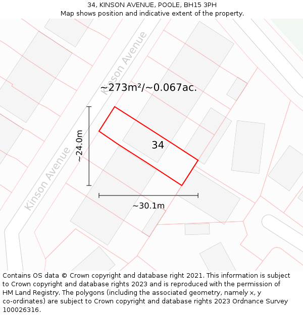 34, KINSON AVENUE, POOLE, BH15 3PH: Plot and title map