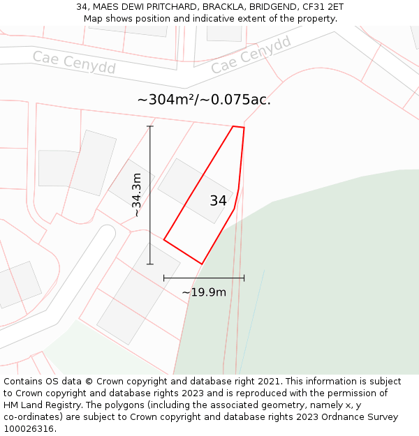 34, MAES DEWI PRITCHARD, BRACKLA, BRIDGEND, CF31 2ET: Plot and title map