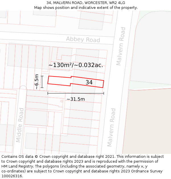34, MALVERN ROAD, WORCESTER, WR2 4LG: Plot and title map