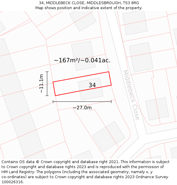34, MIDDLEBECK CLOSE, MIDDLESBROUGH, TS3 8RG: Plot and title map