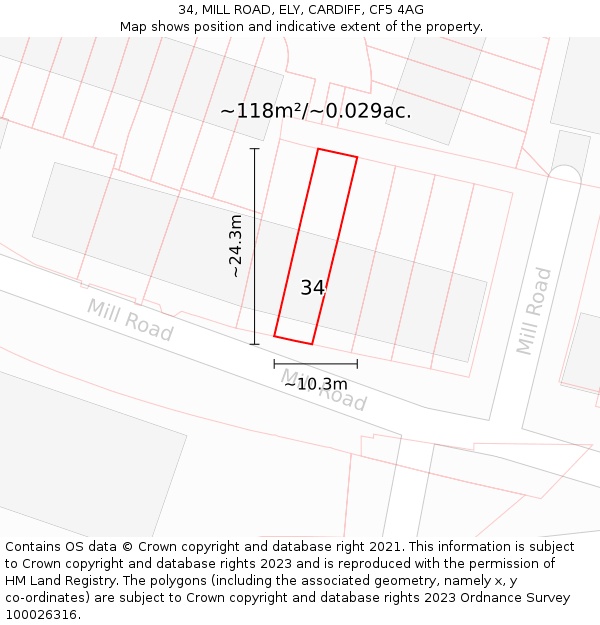 34, MILL ROAD, ELY, CARDIFF, CF5 4AG: Plot and title map