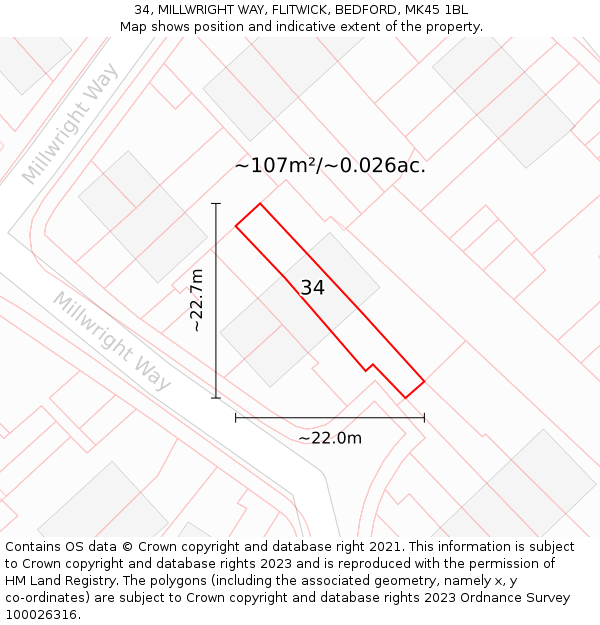 34, MILLWRIGHT WAY, FLITWICK, BEDFORD, MK45 1BL: Plot and title map