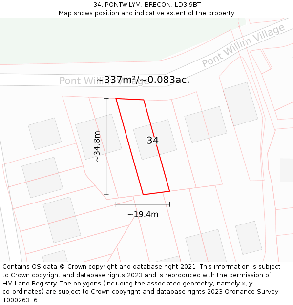 34, PONTWILYM, BRECON, LD3 9BT: Plot and title map