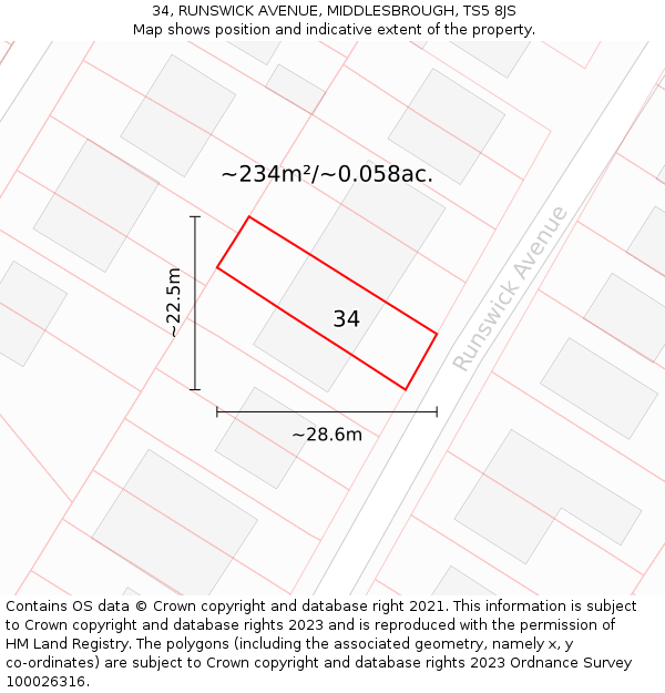 34, RUNSWICK AVENUE, MIDDLESBROUGH, TS5 8JS: Plot and title map