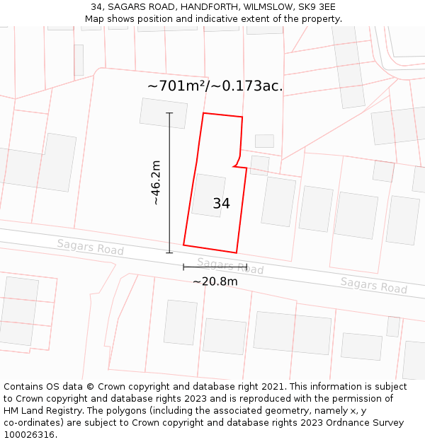 34, SAGARS ROAD, HANDFORTH, WILMSLOW, SK9 3EE: Plot and title map