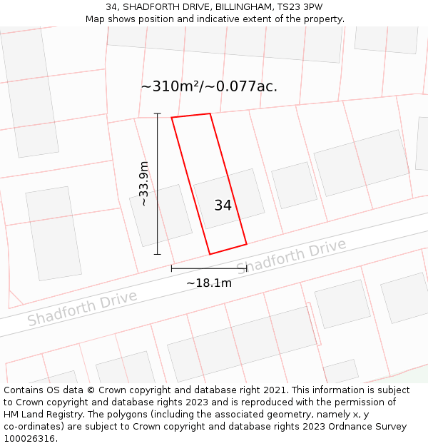 34, SHADFORTH DRIVE, BILLINGHAM, TS23 3PW: Plot and title map
