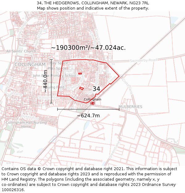 34, THE HEDGEROWS, COLLINGHAM, NEWARK, NG23 7RL: Plot and title map