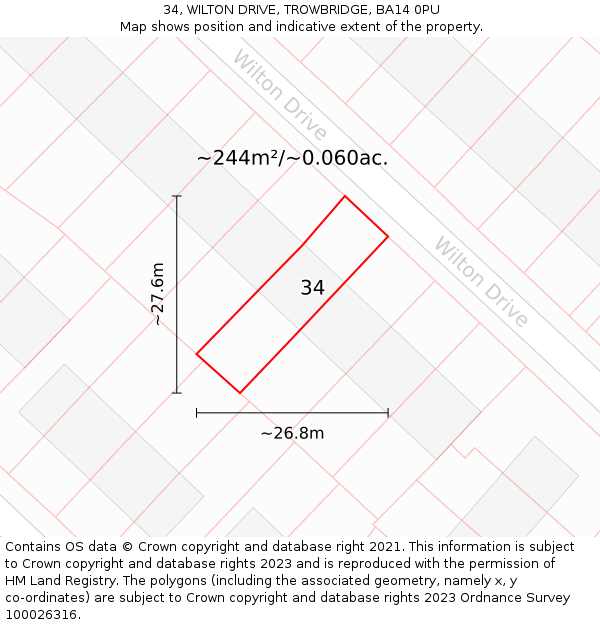 34, WILTON DRIVE, TROWBRIDGE, BA14 0PU: Plot and title map