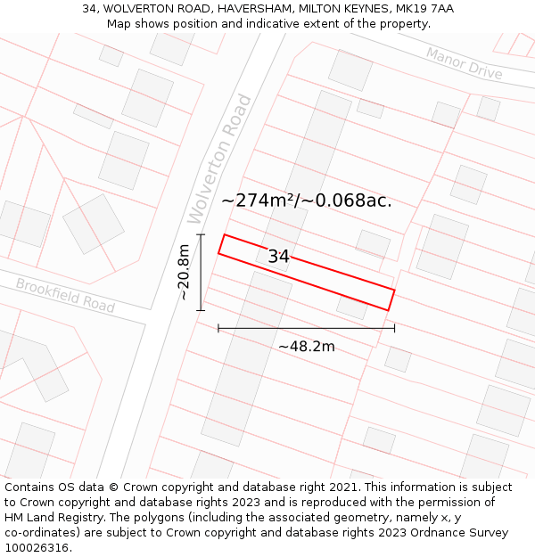 34, WOLVERTON ROAD, HAVERSHAM, MILTON KEYNES, MK19 7AA: Plot and title map