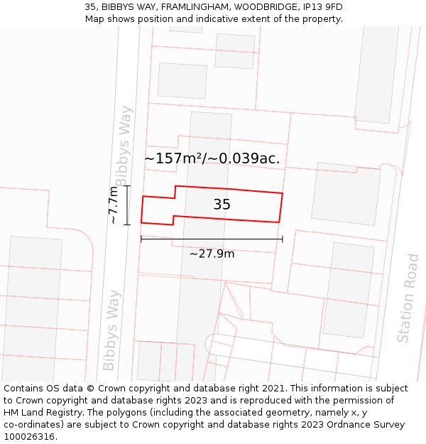 35, BIBBYS WAY, FRAMLINGHAM, WOODBRIDGE, IP13 9FD: Plot and title map