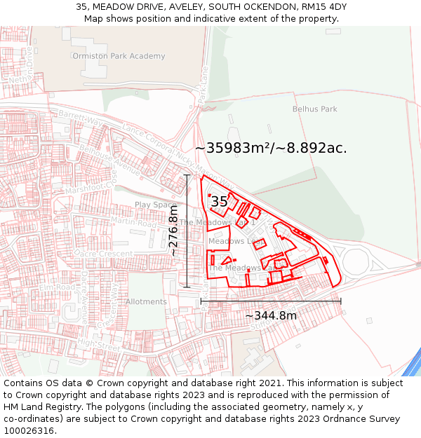 35, MEADOW DRIVE, AVELEY, SOUTH OCKENDON, RM15 4DY: Plot and title map