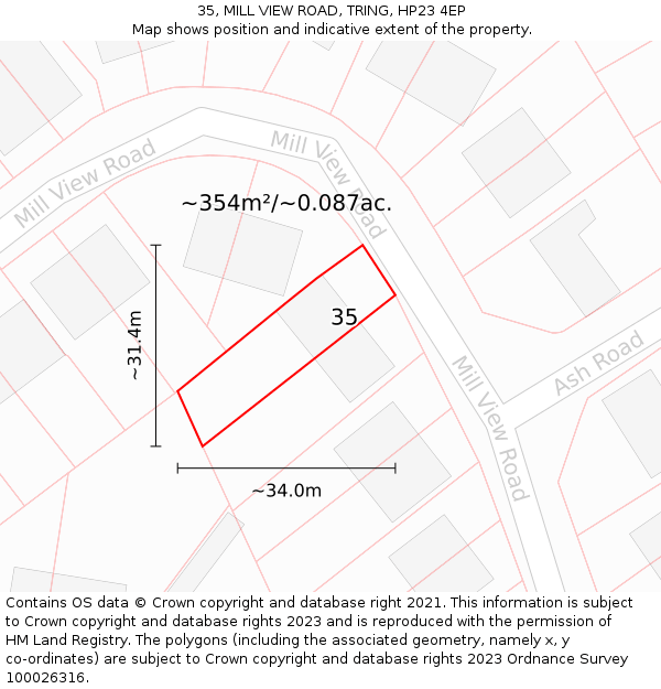 35, MILL VIEW ROAD, TRING, HP23 4EP: Plot and title map