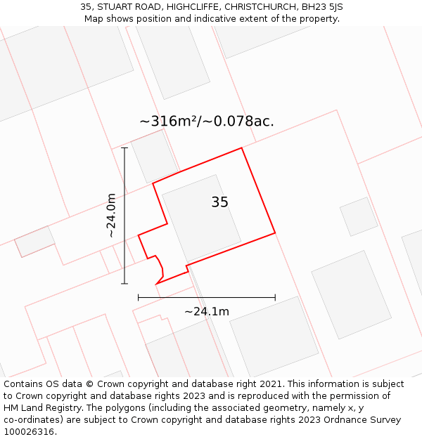 35, STUART ROAD, HIGHCLIFFE, CHRISTCHURCH, BH23 5JS: Plot and title map