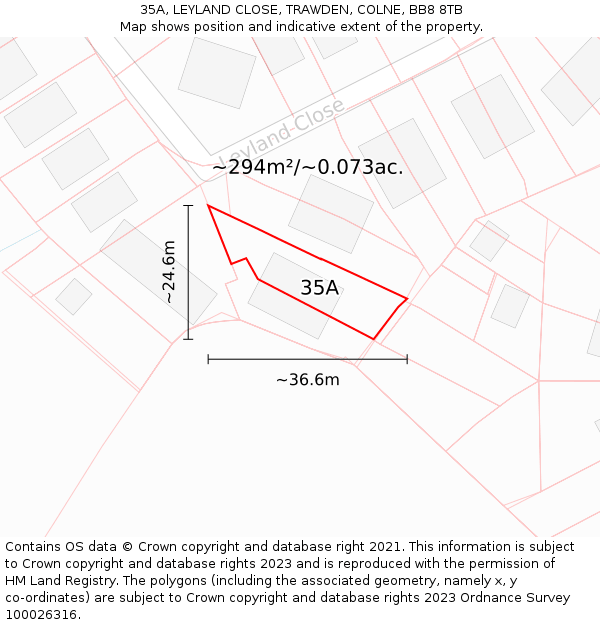 35A, LEYLAND CLOSE, TRAWDEN, COLNE, BB8 8TB: Plot and title map