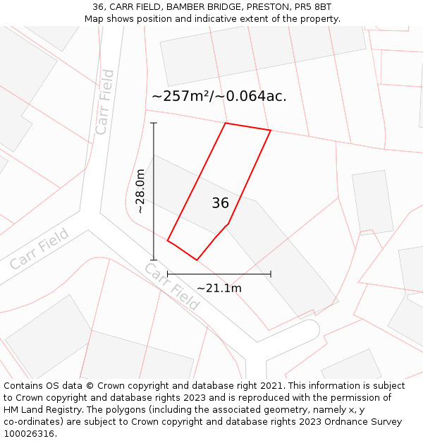 36, CARR FIELD, BAMBER BRIDGE, PRESTON, PR5 8BT: Plot and title map