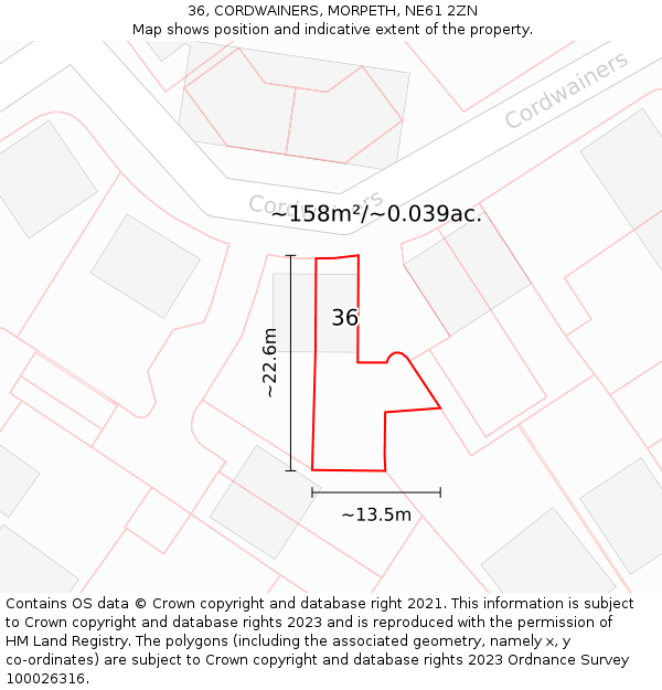 36, CORDWAINERS, MORPETH, NE61 2ZN: Plot and title map