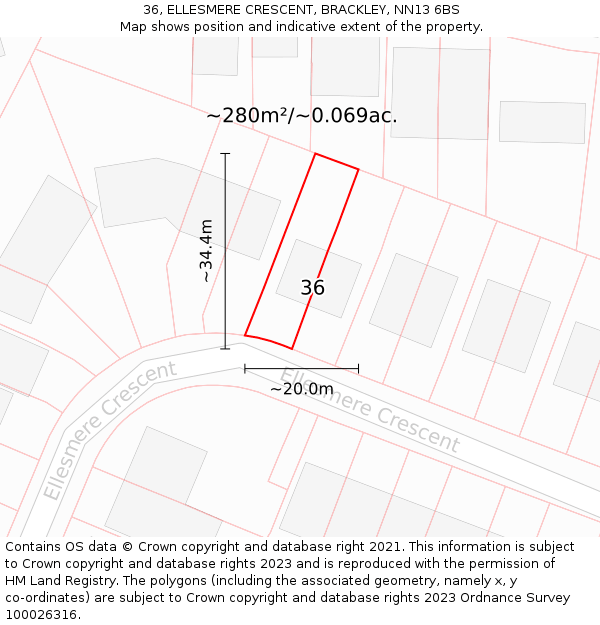 36, ELLESMERE CRESCENT, BRACKLEY, NN13 6BS: Plot and title map