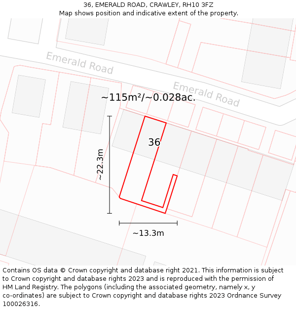 36, EMERALD ROAD, CRAWLEY, RH10 3FZ: Plot and title map