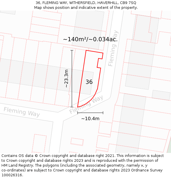 36, FLEMING WAY, WITHERSFIELD, HAVERHILL, CB9 7SQ: Plot and title map
