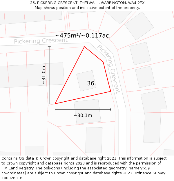 36, PICKERING CRESCENT, THELWALL, WARRINGTON, WA4 2EX: Plot and title map