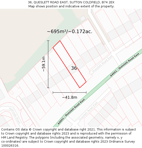 36, QUESLETT ROAD EAST, SUTTON COLDFIELD, B74 2EX: Plot and title map