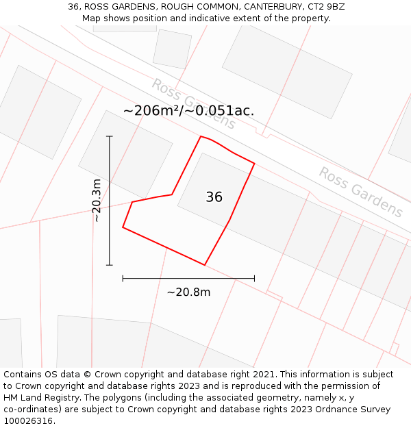 36, ROSS GARDENS, ROUGH COMMON, CANTERBURY, CT2 9BZ: Plot and title map