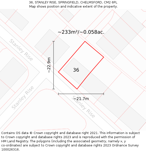 36, STANLEY RISE, SPRINGFIELD, CHELMSFORD, CM2 6PL: Plot and title map
