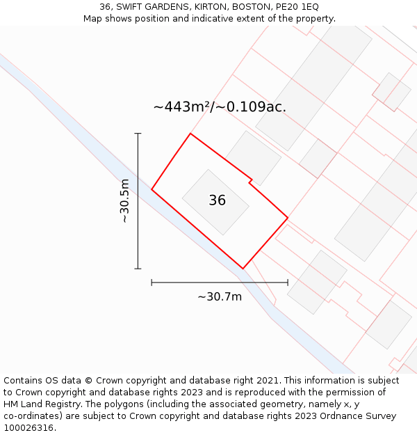 36, SWIFT GARDENS, KIRTON, BOSTON, PE20 1EQ: Plot and title map