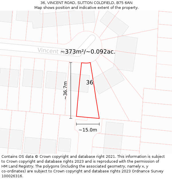 36, VINCENT ROAD, SUTTON COLDFIELD, B75 6AN: Plot and title map