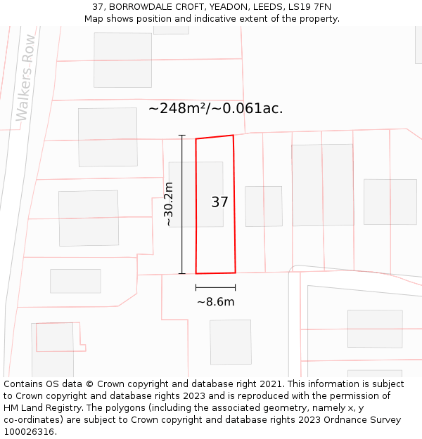 37, BORROWDALE CROFT, YEADON, LEEDS, LS19 7FN: Plot and title map