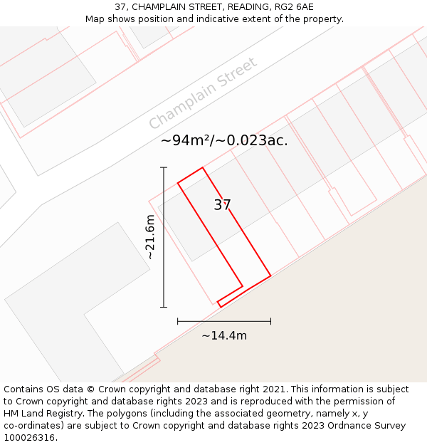 37, CHAMPLAIN STREET, READING, RG2 6AE: Plot and title map