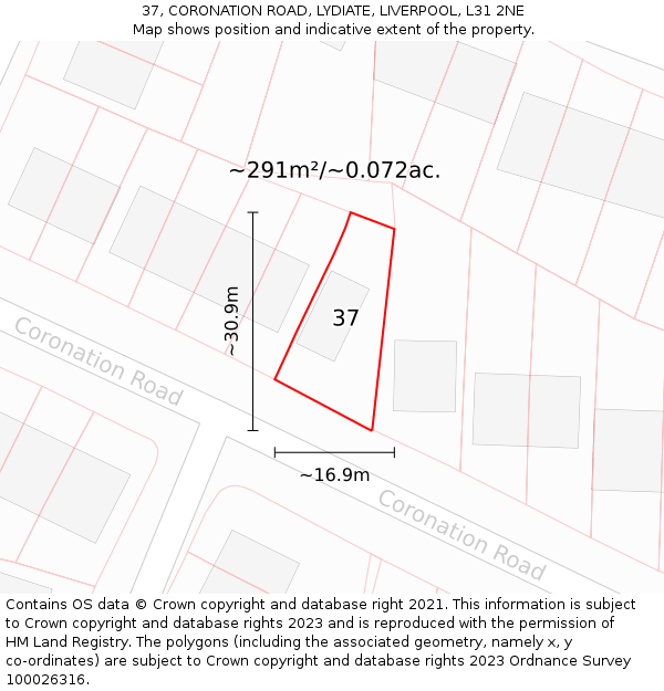 37, CORONATION ROAD, LYDIATE, LIVERPOOL, L31 2NE: Plot and title map