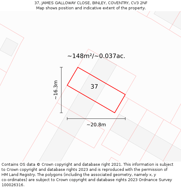 37, JAMES GALLOWAY CLOSE, BINLEY, COVENTRY, CV3 2NF: Plot and title map