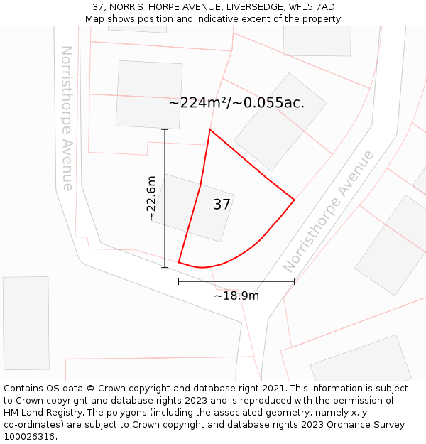 37, NORRISTHORPE AVENUE, LIVERSEDGE, WF15 7AD: Plot and title map
