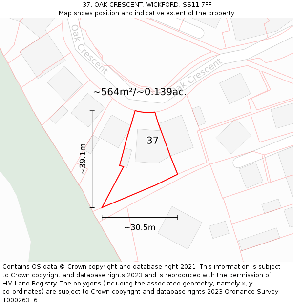 37, OAK CRESCENT, WICKFORD, SS11 7FF: Plot and title map
